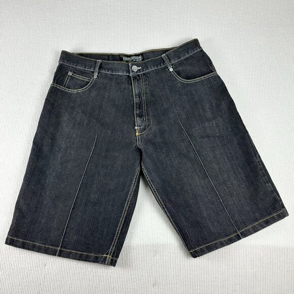 Evolution in Design Shorts Mens 40 Black Denim Jean Jorts Y2K Embroidered Shorts - Picture 1 of 12